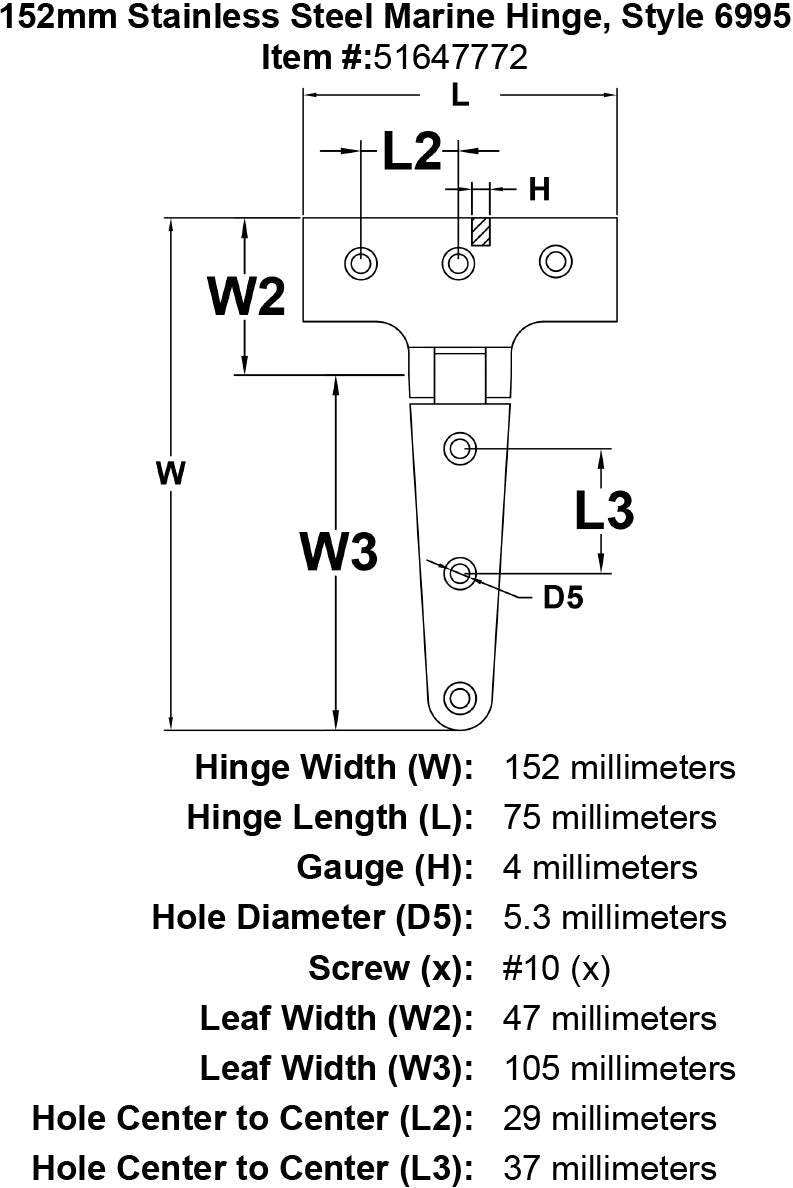 152mm Stainless Steel Marine Hinge Style 6995 specification diagram