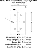 157 x 197 Stainless Steel Hinge Style 1192 specification diagram