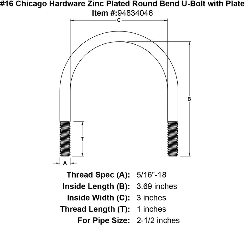 16 chicago hardware zinc plated round bend u bolt with plate specification diagram