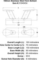 160mm Stainless Steel Horn Bollard specification diagram