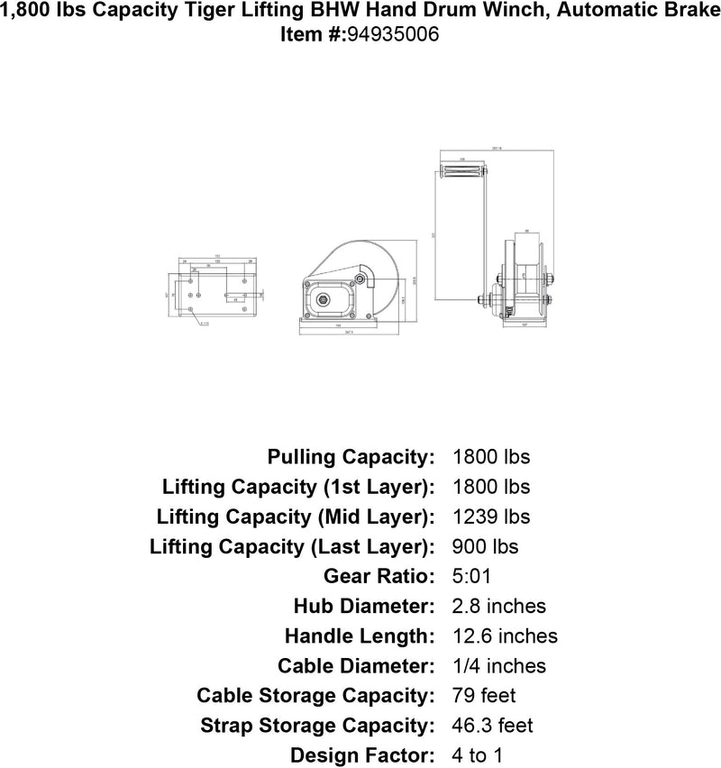 1,800 lbs Capacity Tiger Lifting BHW Hand Drum Winch, Automatic Brake Specification Diagram