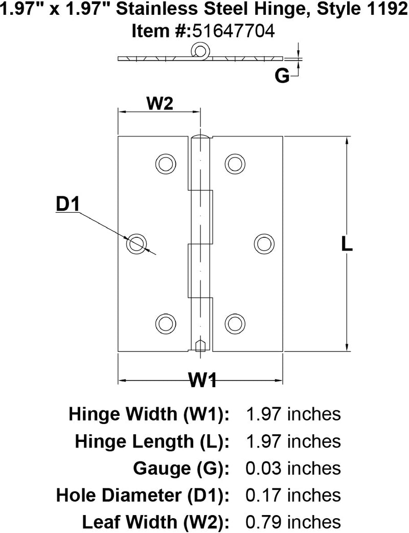 197 x 197 Stainless Steel Hinge Style 1192 specification diagram