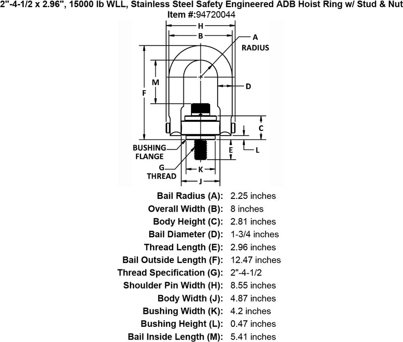 2 4 1 2 x 2 96 15000 lb Stainless Steel Safety Engineered Hoist Ring Stud Nut specification diagram