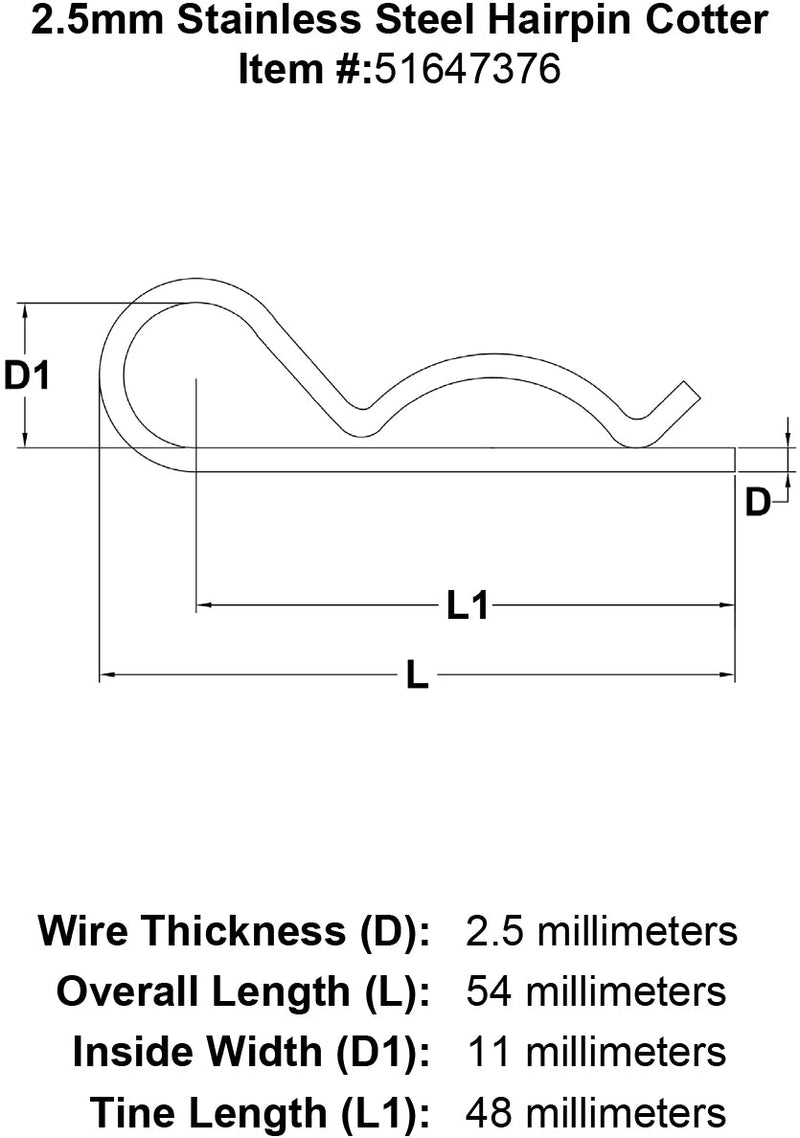 2 5mm Stainless Steel Hairpin Cotter specification diagram