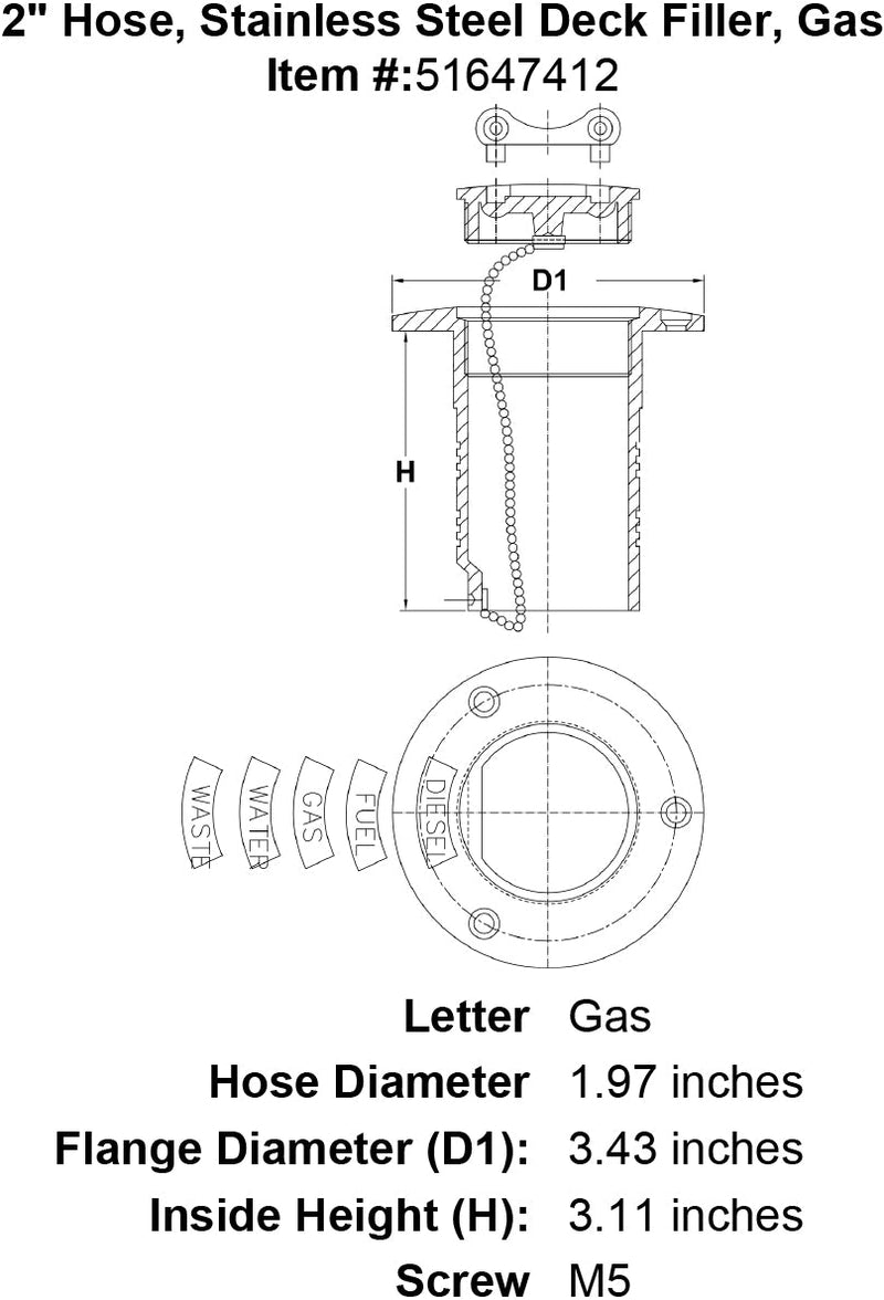 2 Hose Stainless Steel Deck Filler Gas specification diagram