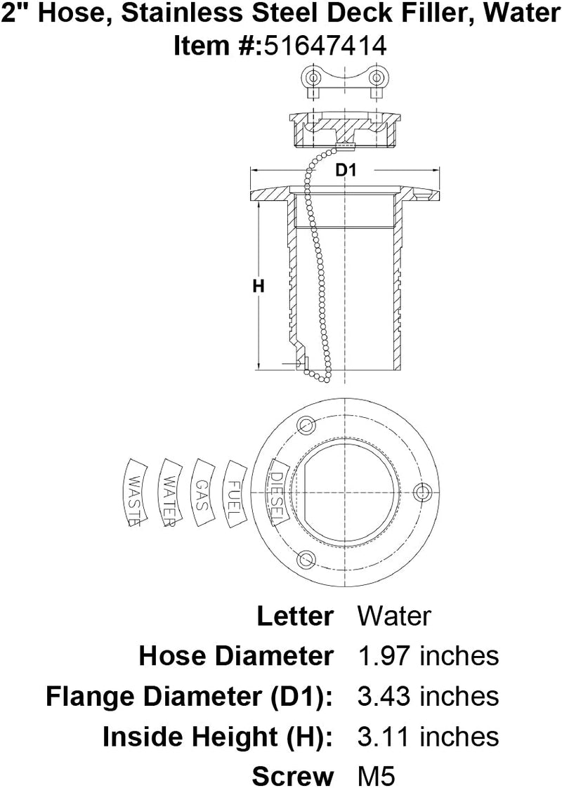 2 Hose Stainless Steel Deck Filler Water specification diagram