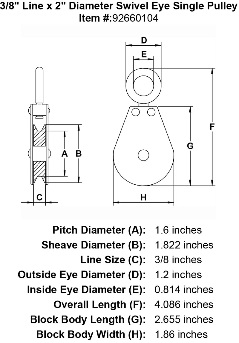2 Sheave Zinc Plated Swivel Eye Single Pulley specification diagram