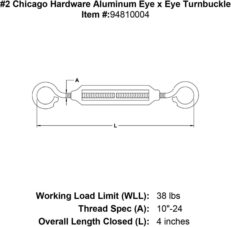 2 chicago hardware aluminum eye x eye turnbuckle specification diagram