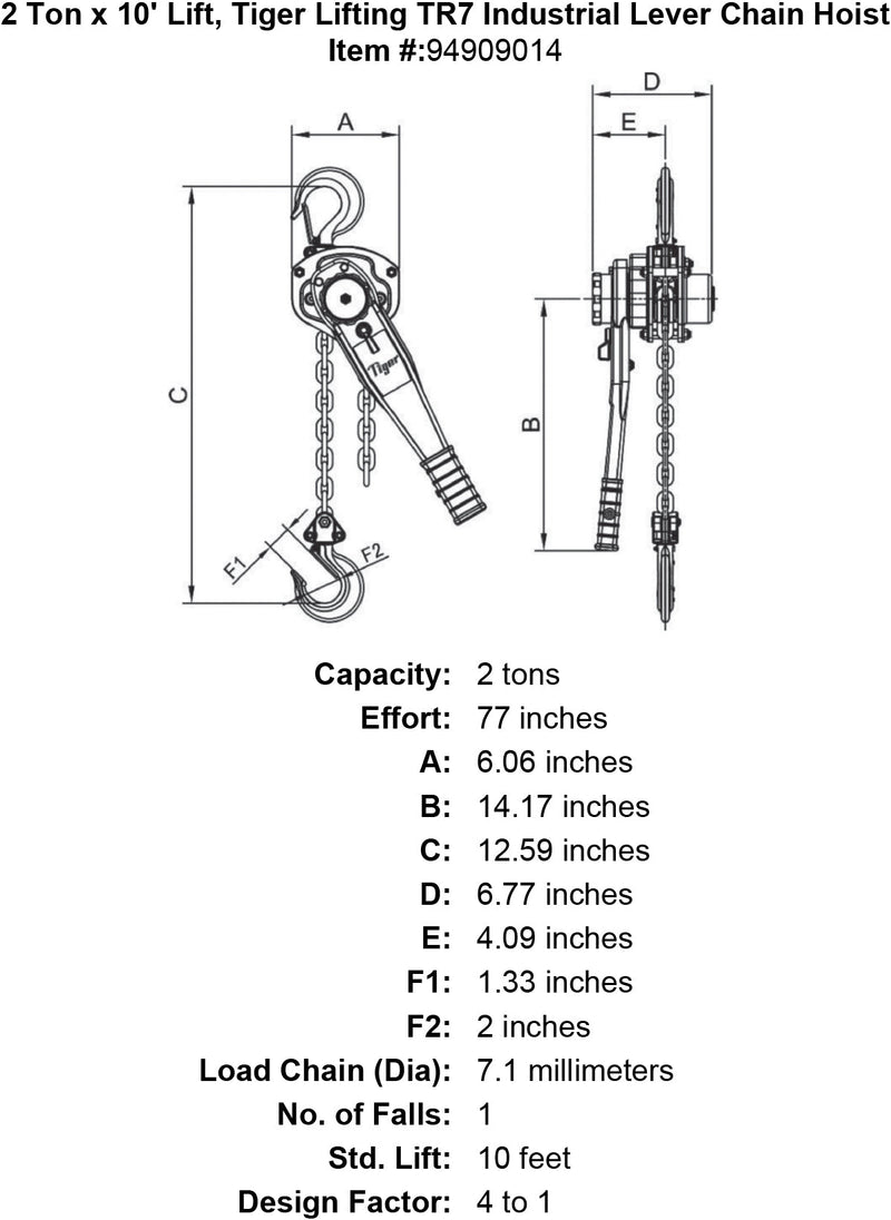 2 ton x 10 lift tiger lifting tr7 industrial lever chain hoist specification diagram