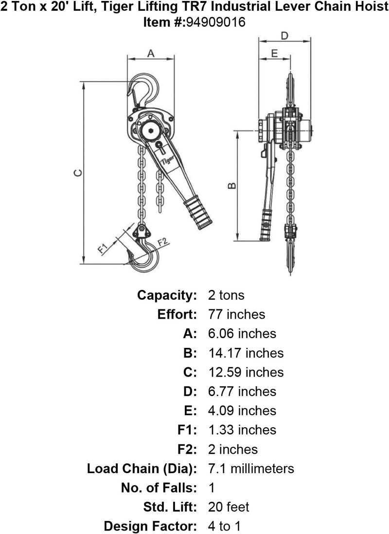 2 ton x 20 lift tiger lifting tr7 industrial lever chain hoist specification diagram