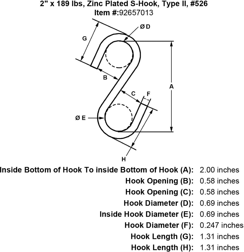 2 x 189 lbs Zinc Plated S Hook Type II specification diagram