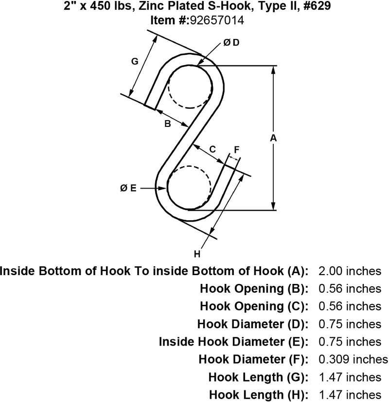 2 x 450 lbs Zinc Plated S Hook Type II specification diagram
