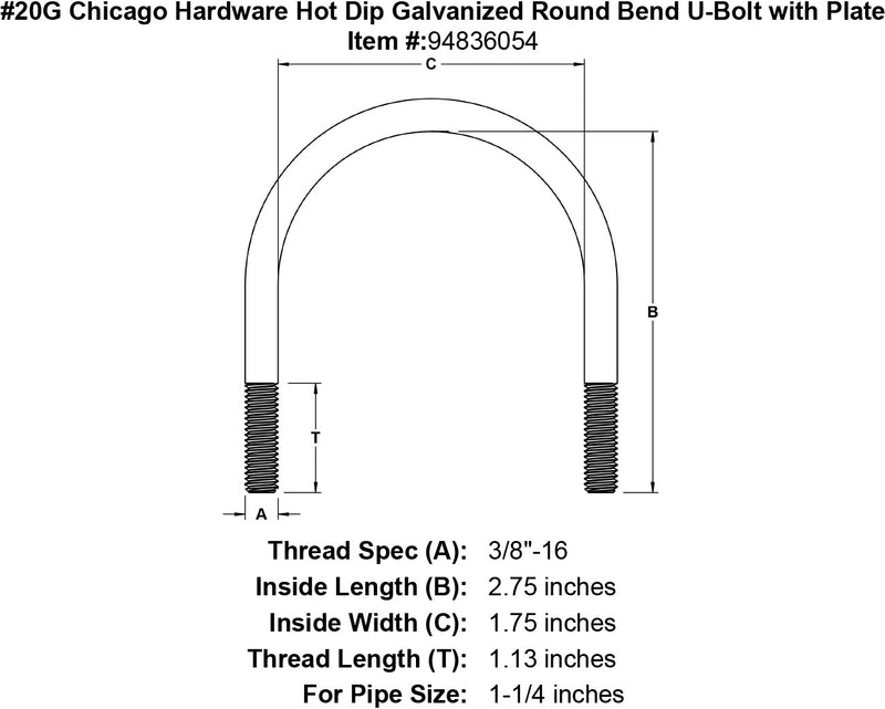 20g chicago hardware hot dip galvanized round bend u bolt with plate specification diagram