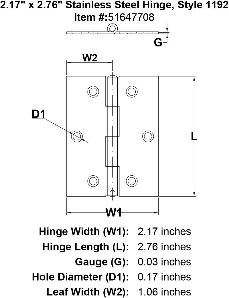 217 x 276 Stainless Steel Hinge Style 1192 specification diagram