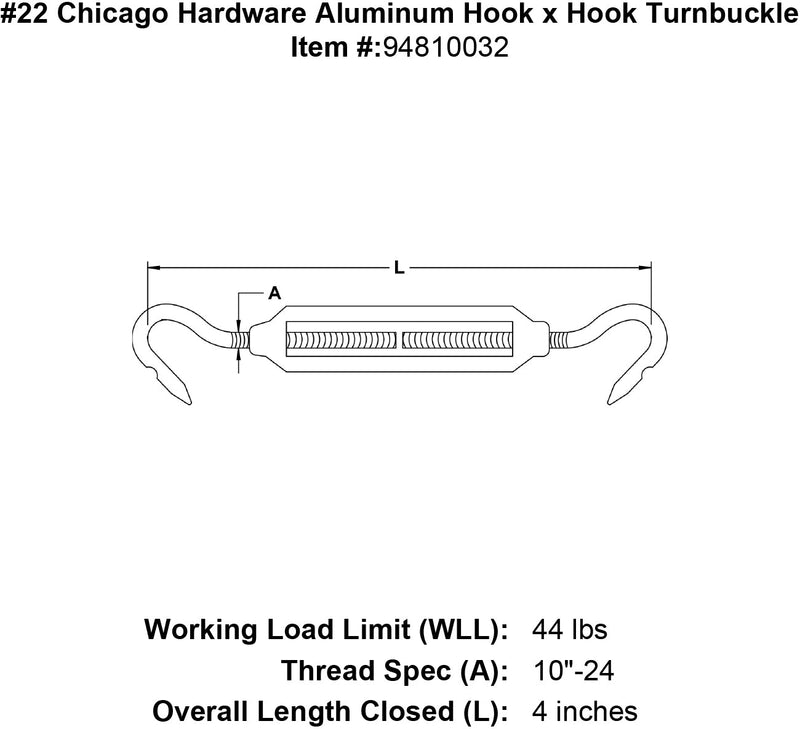 22 chicago hardware aluminum hook x hook turnbuckle specification diagram