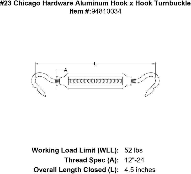 23 chicago hardware aluminum hook x hook turnbuckle specification diagram