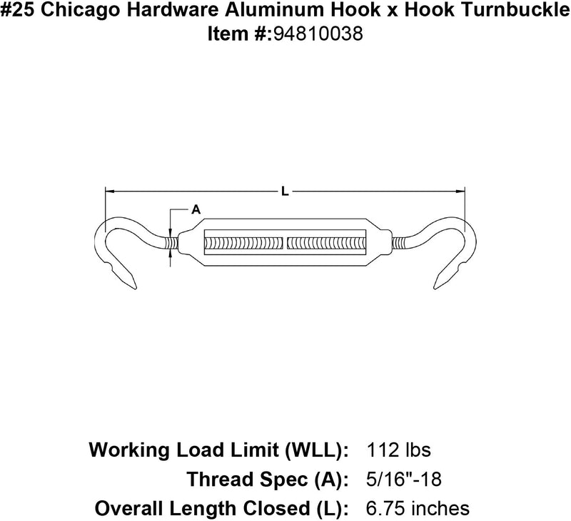 25 chicago hardware aluminum hook x hook turnbuckle specification diagram