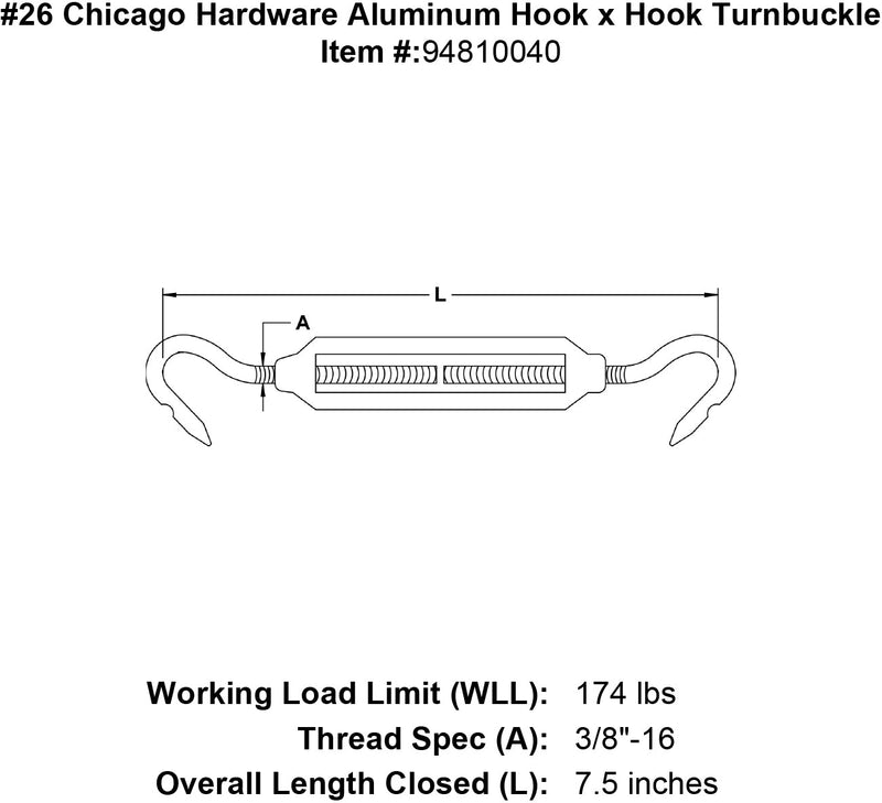 26 chicago hardware aluminum hook x hook turnbuckle specification diagram