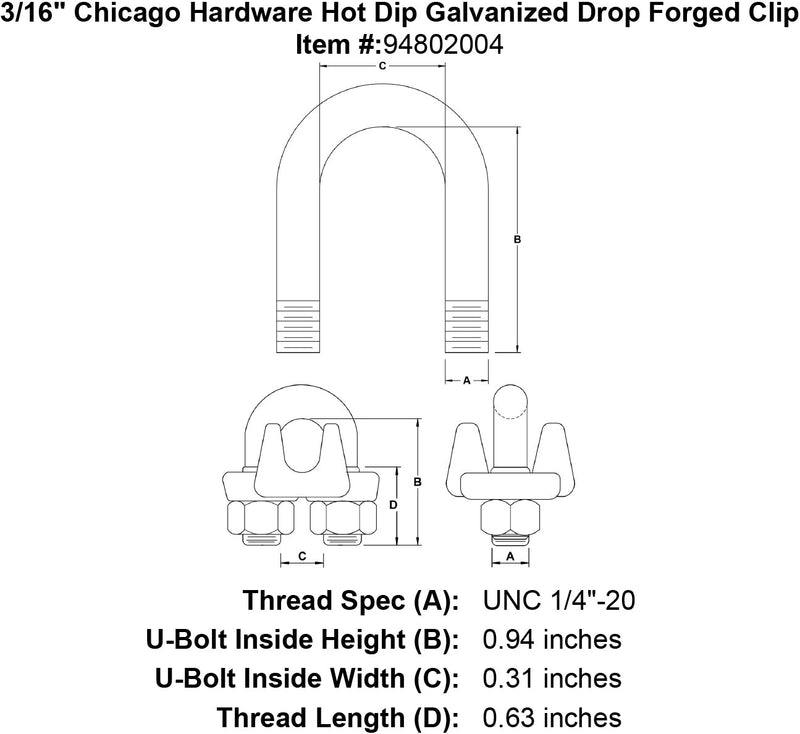 3 16 chicago hardware hot dip galvanized drop forged clip specification diagram