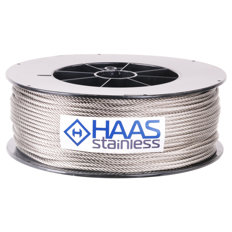 3/16 inch X 500 foot haas stainless 7x19 type 316 stainless steel cable reel label