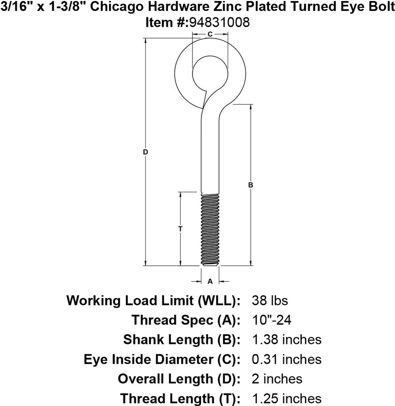 3 16 x 1 3 8 chicago hardware zinc plated turned eyebolt specification diagram
