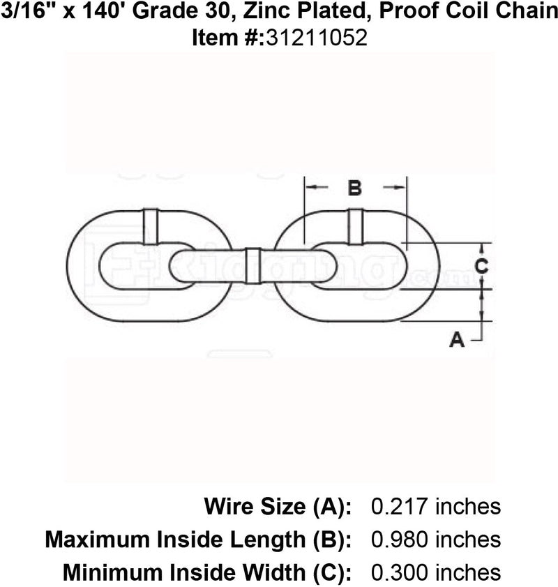 3 16 x 140 Grade 30 Zinc Plated Proof Coil Chain specification diagram
