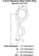 3 2mm Stainless Steel Cotter Ring specification diagram