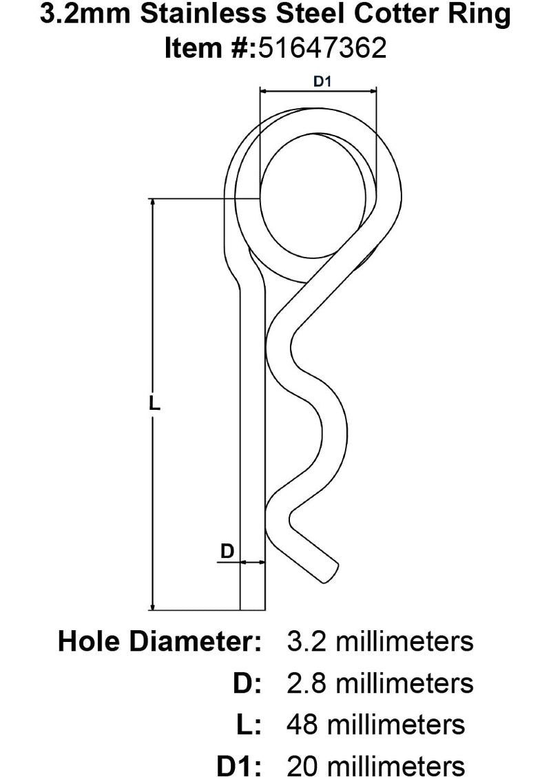 3 2mm Stainless Steel Cotter Ring specification diagram