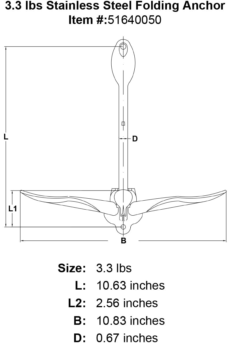 3 3 lbs Stainless Steel Folding Anchor specification diagram