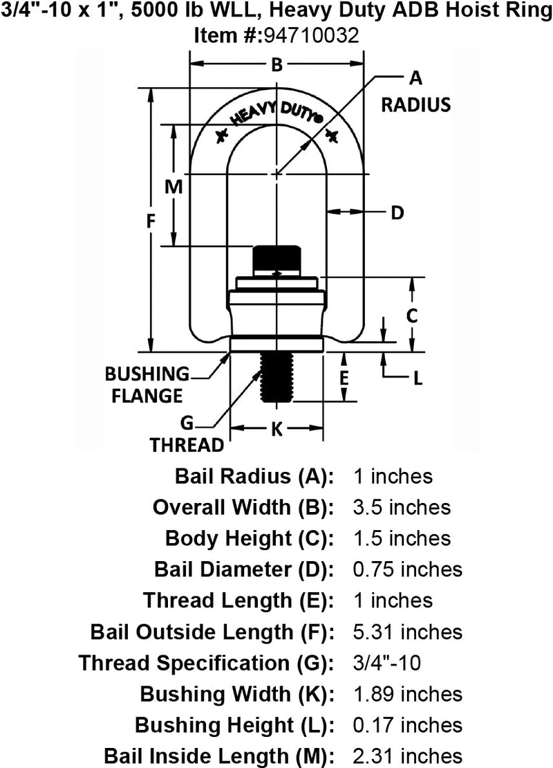 3 4 10 x 1 00 5000 lb Heavy Duty Hoist Ring specification diagram