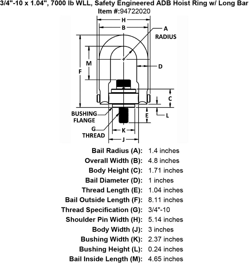 3 4 10 x 1 04 7000 lb Safety Engineered Hoist Ring Long Bar specification diagram