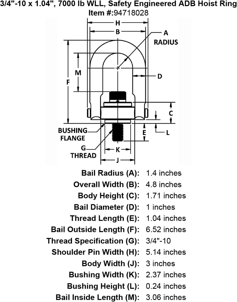 3 4 10 x 1 04 7000 lb Safety Engineered Hoist Ring specification diagram