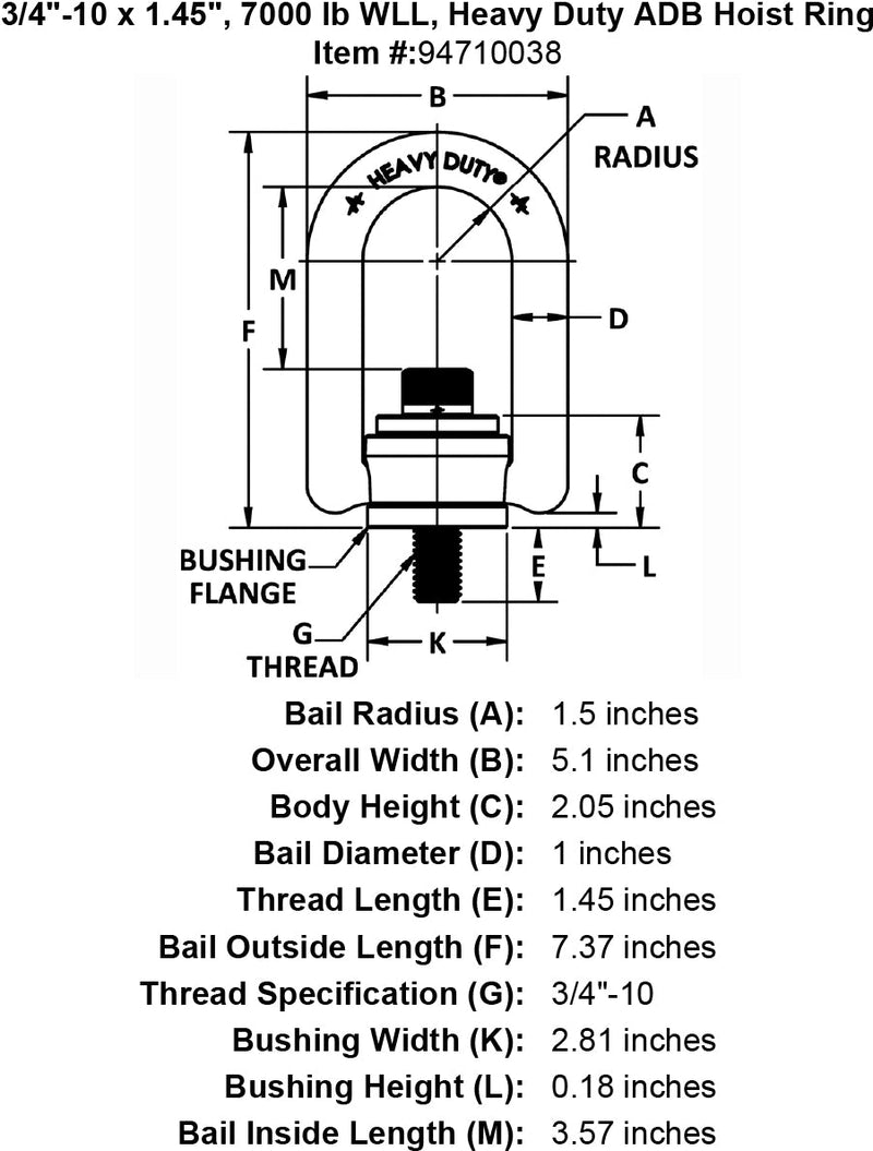 3 4 10 x 1 45 7000 lb Heavy Duty Hoist Ring specification diagram