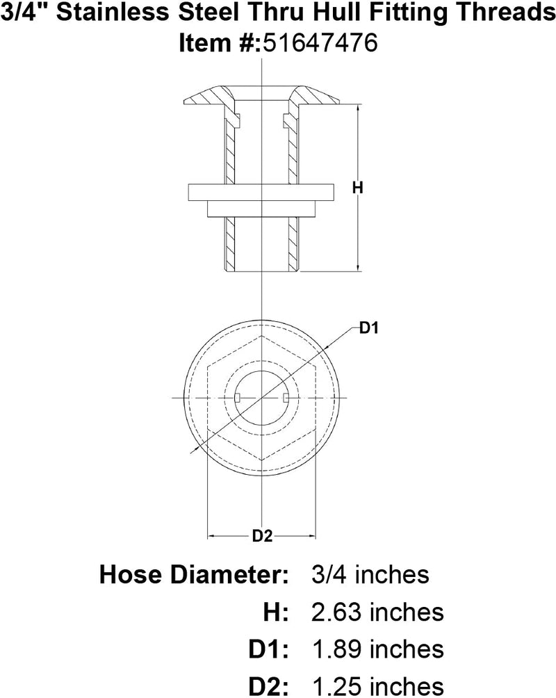 3 4 Stainless Steel Thru Hull Fitting Threads specification diagram