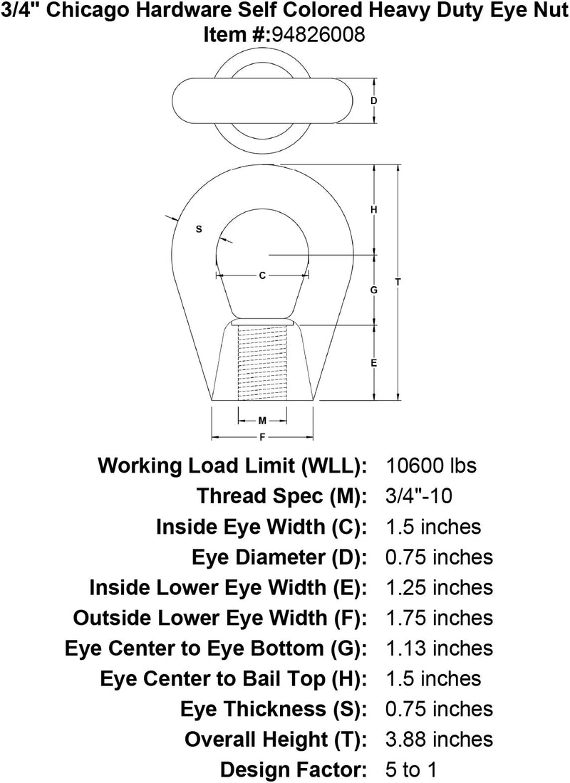 3 4 chicago hardware self colored heavy duty eye nut specification diagram