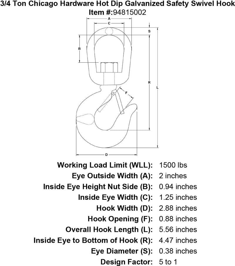 3 4 ton chicago hardware hot dip galvanized safety swivel hook specification diagram
