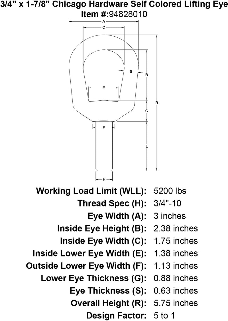 3 4 x 1 7 8 chicago hardware self colored lifting eye specification diagram