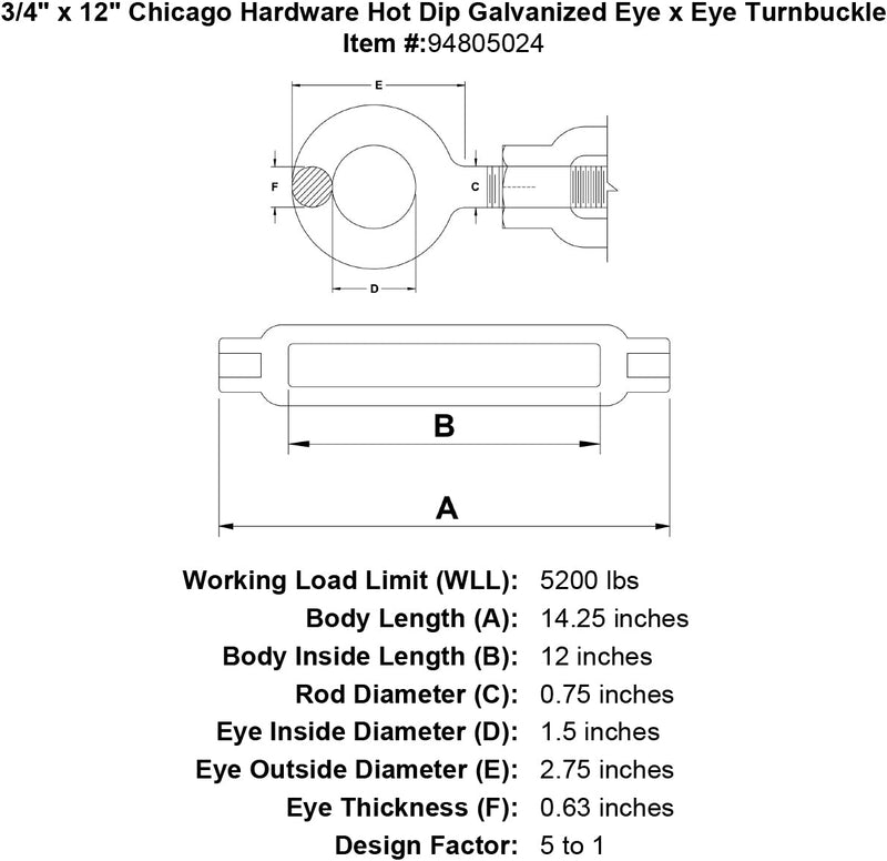 3 4 x 12 chicago hardware hot dip galvanized eye x eye turnbuckle specification diagram