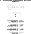 3 4 x 12 chicago hardware hot dip galvanized hook x eye turnbuckle specification diagram