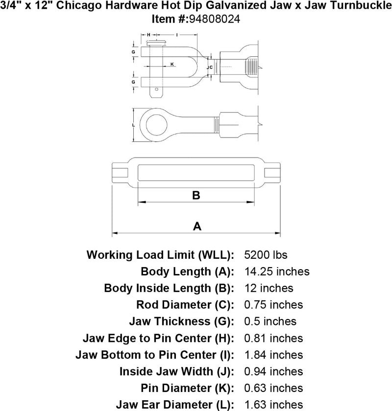 3 4 x 12 chicago hardware hot dip galvanized jaw x jaw turnbuckle specification diagram