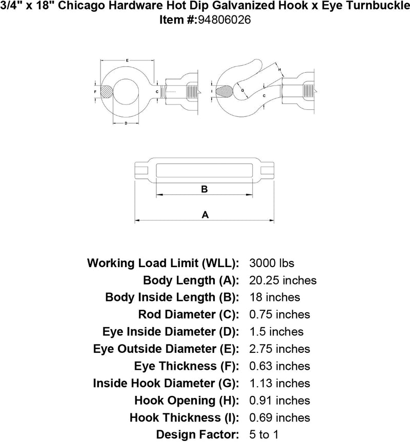 3 4 x 18 chicago hardware hot dip galvanized hook x eye turnbuckle specification diagram