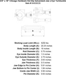 3 4 x 18 chicago hardware hot dip galvanized jaw x eye turnbuckle specification diagram