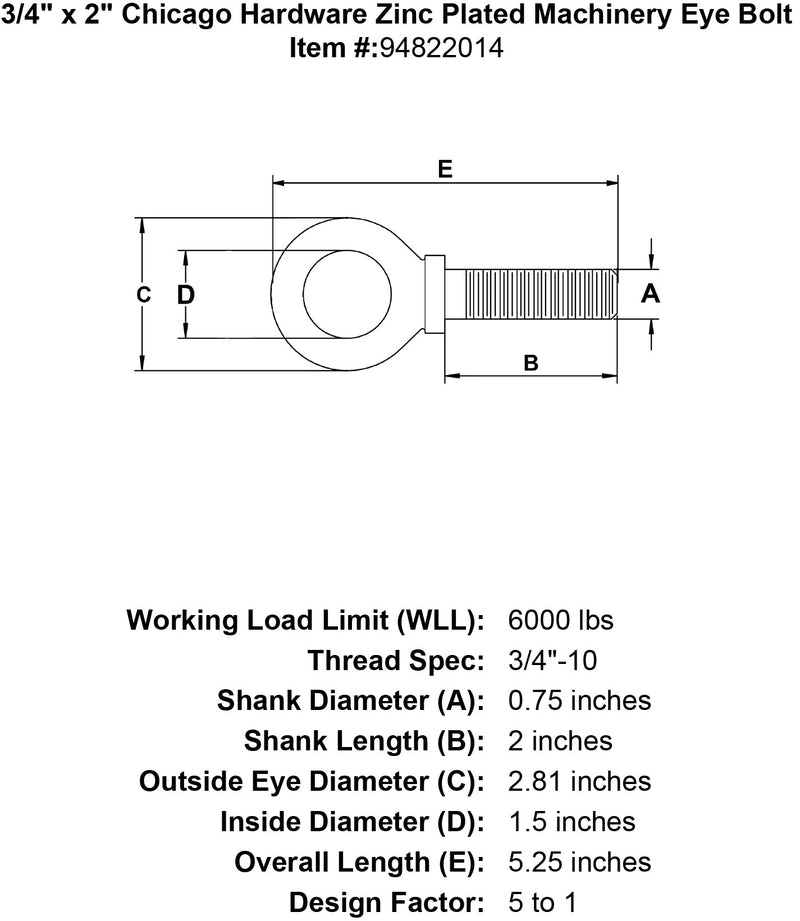 3 4 x 2 chicago hardware zinc plated machinery eyebolt specification diagram