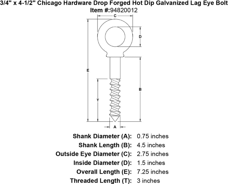 3 4 x 4 1 2 chicago hardware drop forged hot dip galvanized lag eyebolt specification diagram