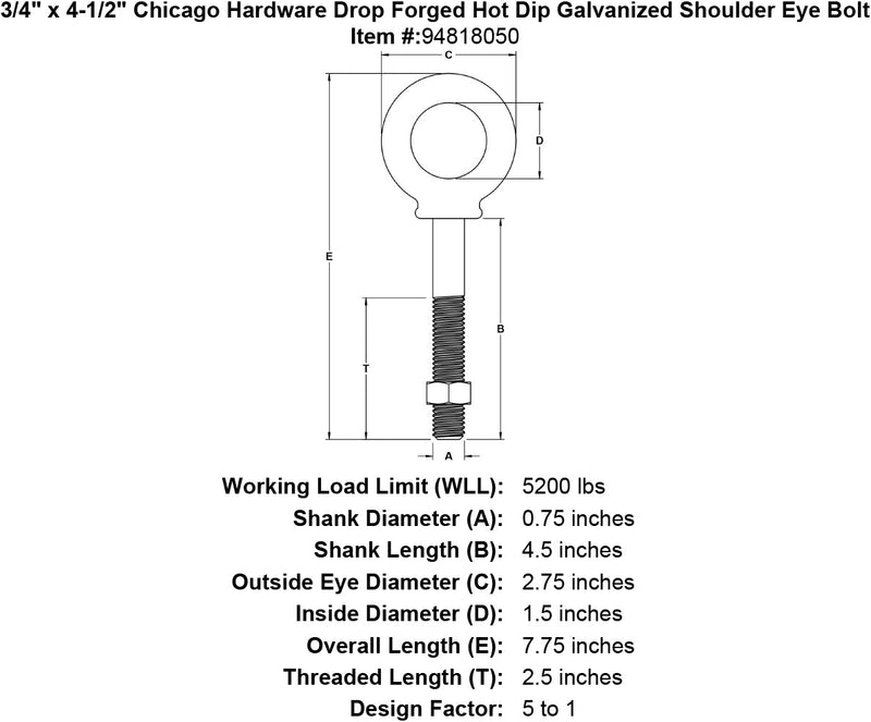 3 4 x 4 1 2 chicago hardware drop forged hot dip galvanized shoulder eyebolt specification diagram