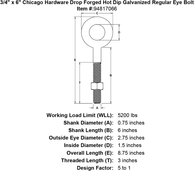 3 4 x 6 chicago hardware drop forged hot dip galvanized regular eyebolt specification diagram