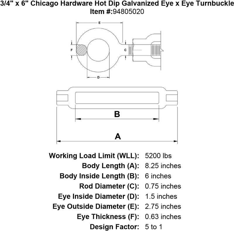 3 4 x 6 chicago hardware hot dip galvanized eye x eye turnbuckle specification diagram