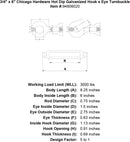 3 4 x 6 chicago hardware hot dip galvanized hook x eye turnbuckle specification diagram