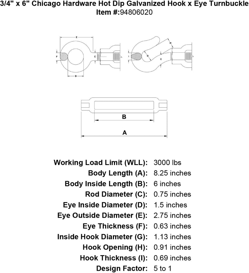 3 4 x 6 chicago hardware hot dip galvanized hook x eye turnbuckle specification diagram