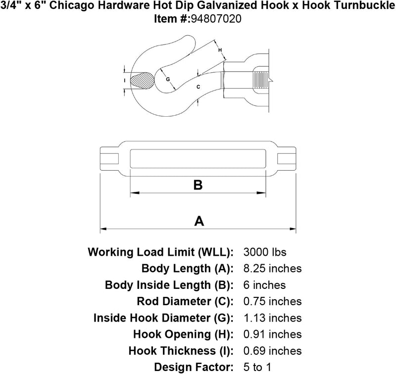 3 4 x 6 chicago hardware hot dip galvanized hook x hook turnbuckle specification diagram